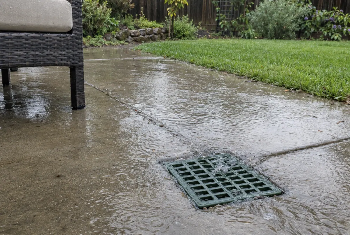 Catch basin grate set in a concrete patio with rainwater flowing into it