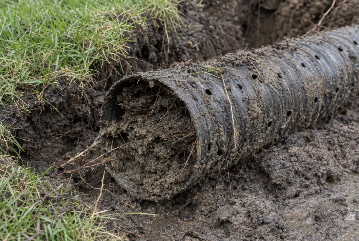 Old perforated drain pipe pulled from the ground, packed with silt and roots