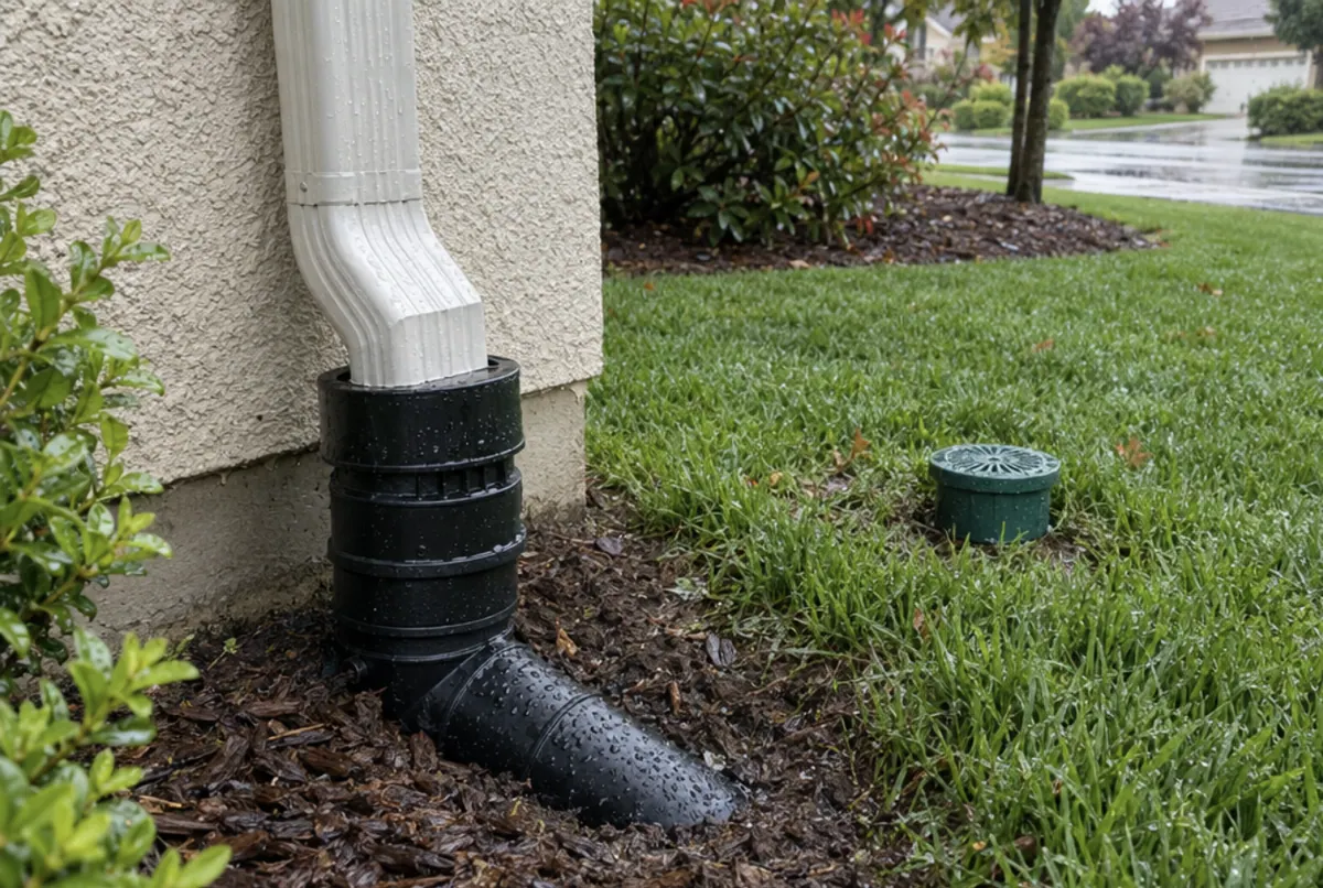 Downspout connected to an underground drain pipe at the corner of a house, with a pop-up emitter in the lawn