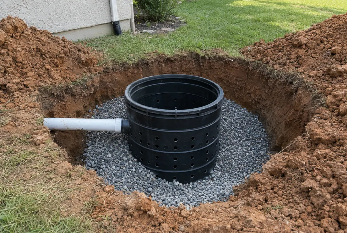 Plastic dry well chamber set in a gravel-filled pit in a backyard, with a drain pipe entering from the side