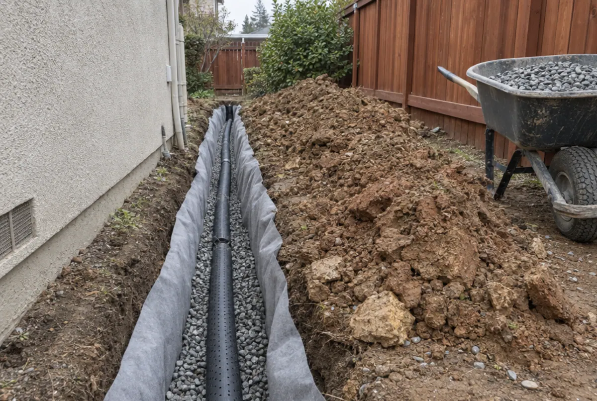Open French drain trench lined with filter fabric, with perforated pipe on a bed of washed gravel in a side yard