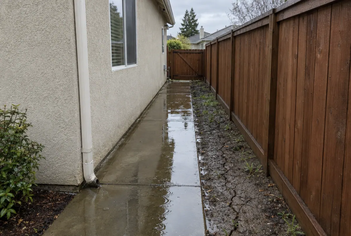 Narrow side yard between a house and a fence, with a wet concrete walkway, a muddy strip of cracked soil, and a downspout emptying onto the path