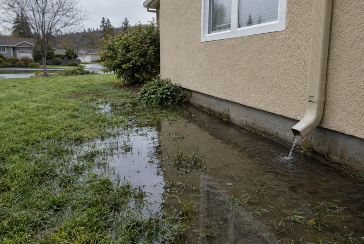 Standing water pooled on a lawn and against a house foundation, with a downspout emptying at the wall