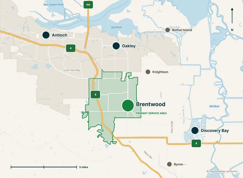 Map of the service area: Brentwood city limits highlighted as the primary service area, with Antioch and Oakley to the north and northwest, Knightsen and Bethel Island to the northeast, Discovery Bay to the east along Highway 4, and Byron to the south near Vasco Road and Byron Highway